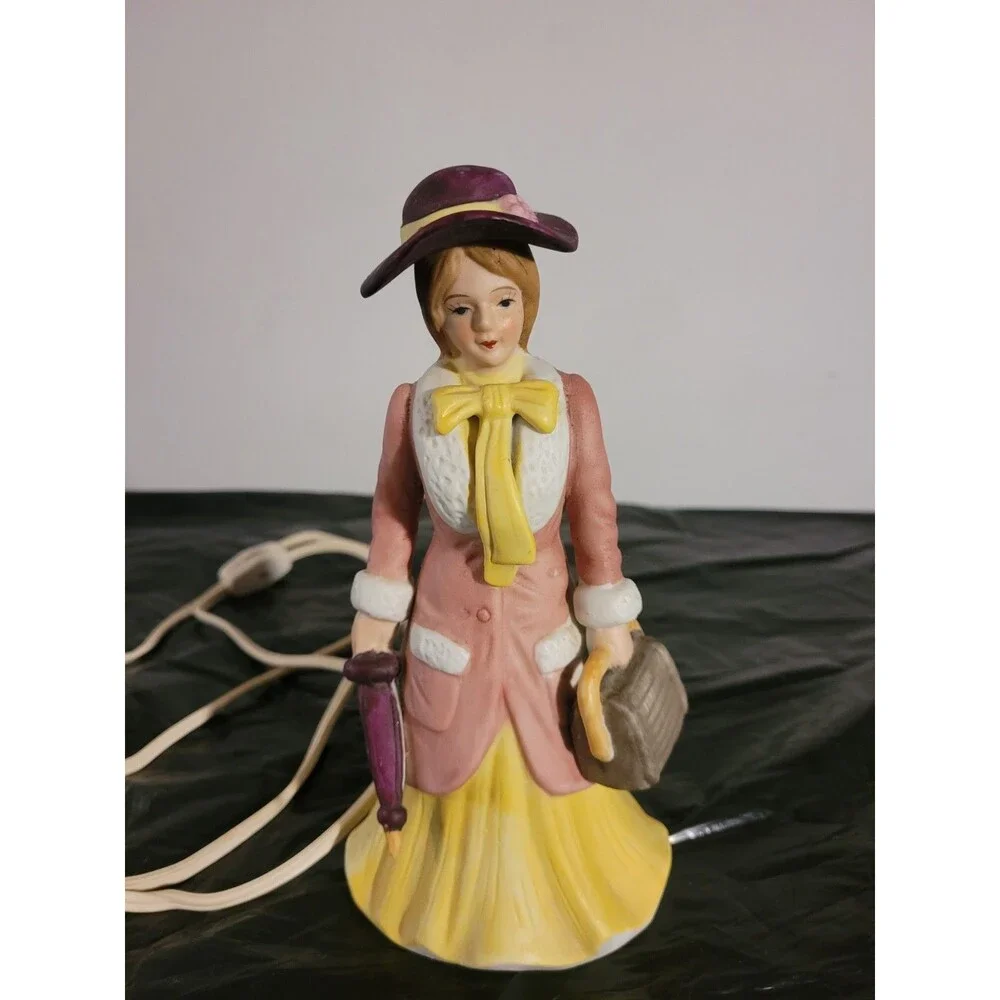 Vtg I.W. Rice Portable Ceramic Night Light Lady Pink & Yellow Dress & Umbrella